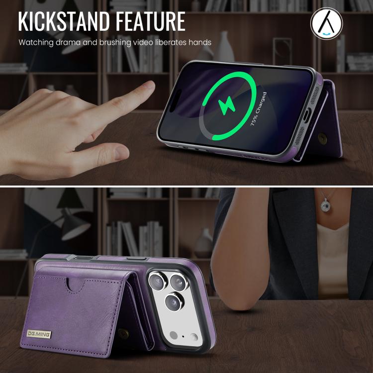 For iPhone 17 Pro DG.MING M6 Series RFID Tri-fold Card Bag Removable Leather Phone Case(Purple) by DG.MING
