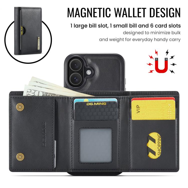 For iPhone 17 DG.MING M6 Series RFID Tri-fold Card Bag Removable Leather Phone Case(Black) by DG.MING