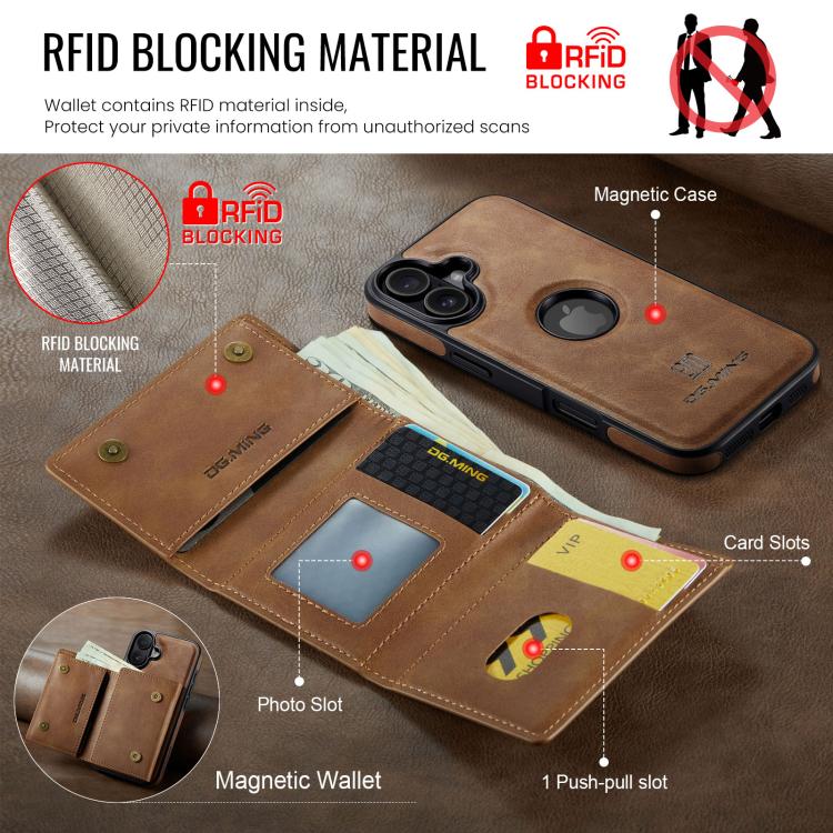 For iPhone 17 DG.MING M6 Series RFID Tri-fold Card Bag Removable Leather Phone Case(Brown) by DG.MING