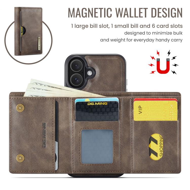 For iPhone 17 DG.MING M6 Series RFID Tri-fold Card Bag Removable Leather Phone Case(Coffee) by DG.MING