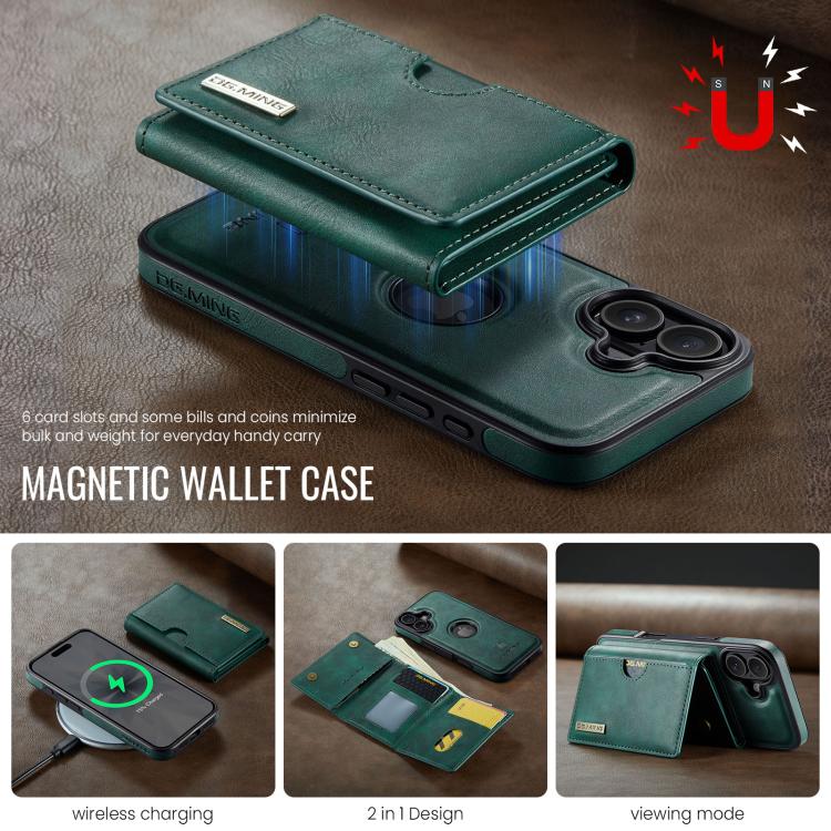 For iPhone 17 DG.MING M6 Series RFID Tri-fold Card Bag Removable Leather Phone Case(Green) by DG.MING