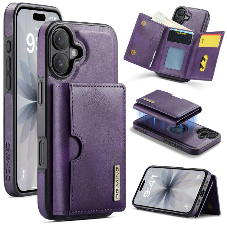 For iPhone 17 DG.MING M6 Series RFID Tri-fold Card Bag Removable Leather Phone Case(Purple) by DG.MING