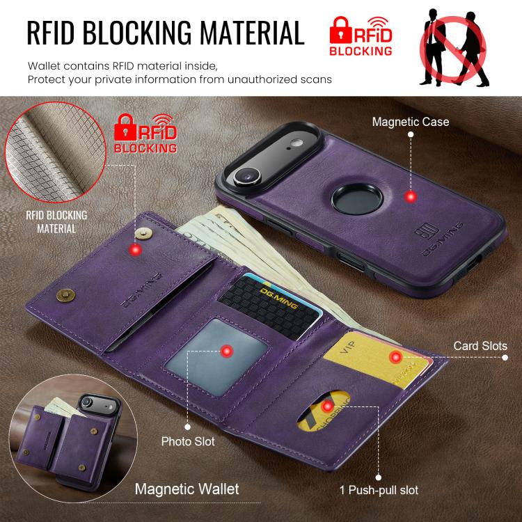 For iPhone Air DG.MING M6 Series RFID Tri-fold Card Bag Removable Leather Phone Case(Purple) by DG.MING