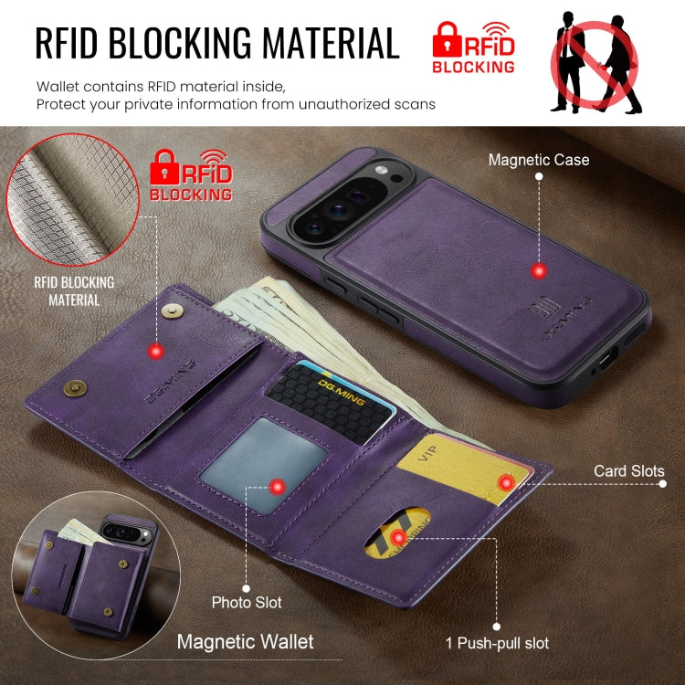 For Google Pixel 9 Pro XL DG.MING M6 Series RFID Tri-fold Card Bag Removable Leather Phone Case(Purple) by DG.MING