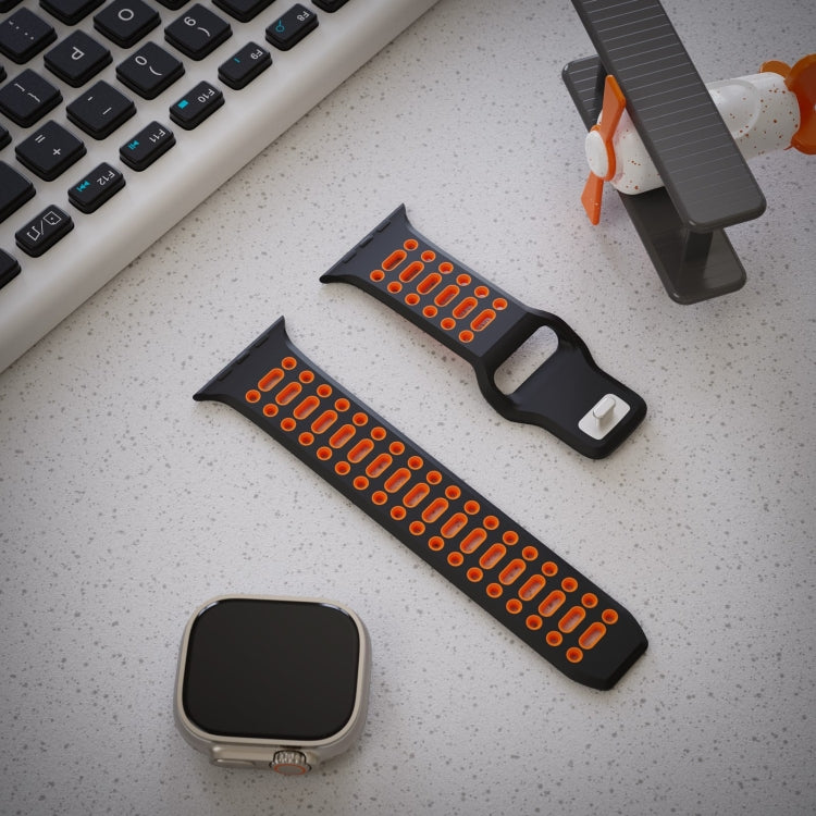 For Apple Watch 46mm / 49mm / 45mm / 44mm Single Nail Dual-Color Multi-hole Silicone Watch Band(Black Orange) by bashfashion