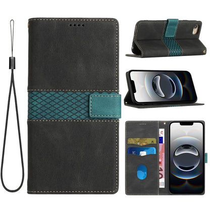 For iPhone 16e Grid Stitching Leather Phone Case with Lanyard(Black) by bashfashion
