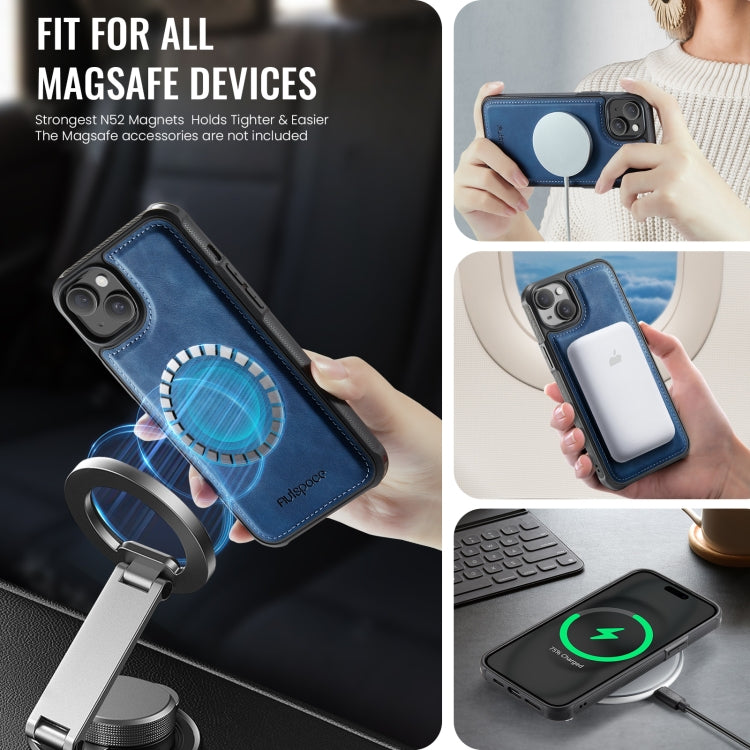 For iPhone 14 Plus AutSpace A12 MagSafe Magnetic RFID Card Bag Phone Case(Blue) by AutSpace