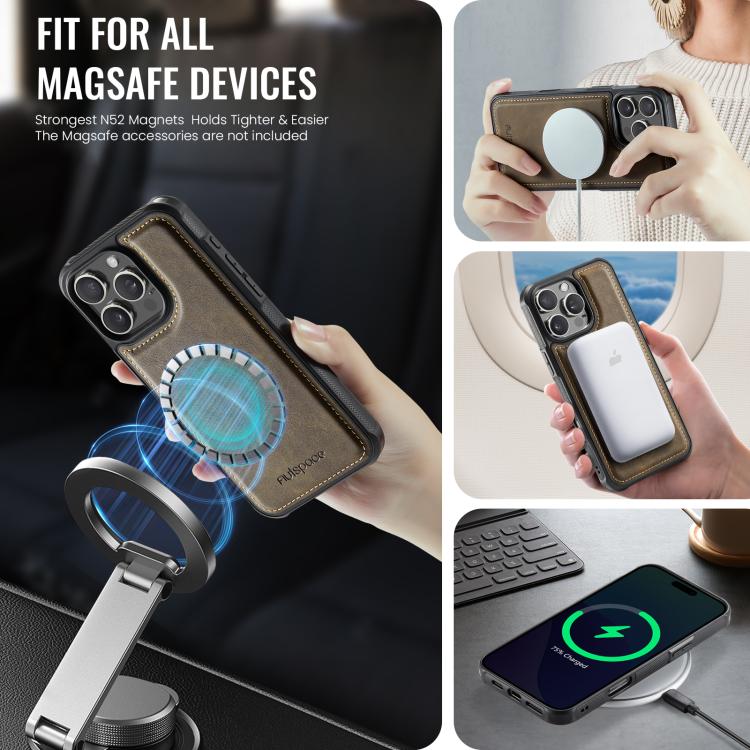 For iPhone 16 Pro AutSpace A12 MagSafe Magnetic RFID Card Bag Phone Case(Coffee) by AutSpace