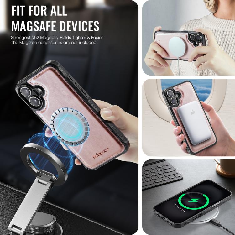 For iPhone 16 Plus AutSpace A12 MagSafe Magnetic RFID Card Bag Phone Case(Rose Gold) by AutSpace