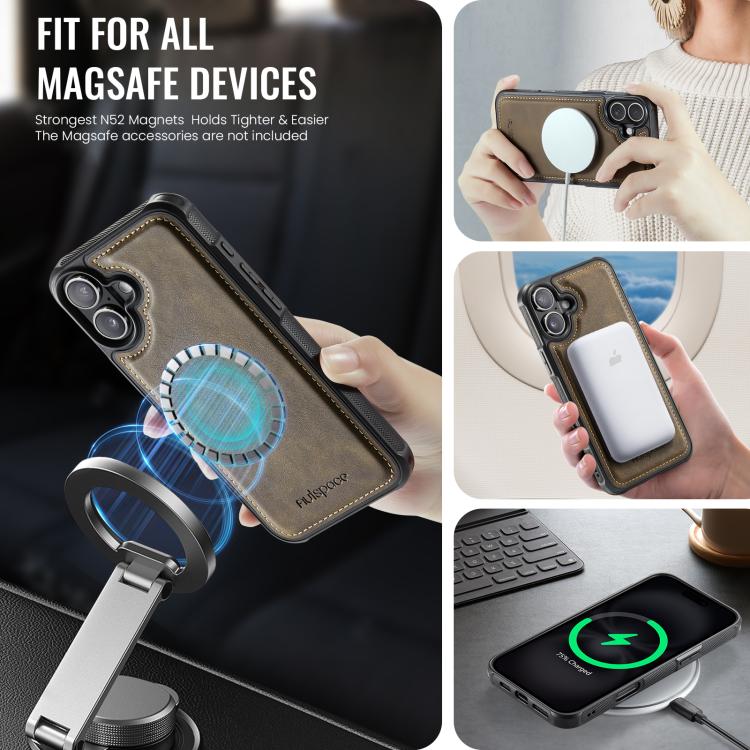 For iPhone 16 AutSpace A12 MagSafe Magnetic RFID Card Bag Phone Case(Coffee) by AutSpace