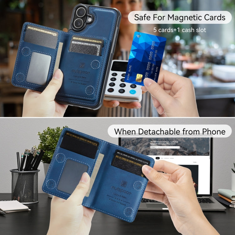 For iPhone 16 AutSpace A13 MagSafe Magnetic RFID Flip Card Bag Phone Case(Blue) by AutSpace