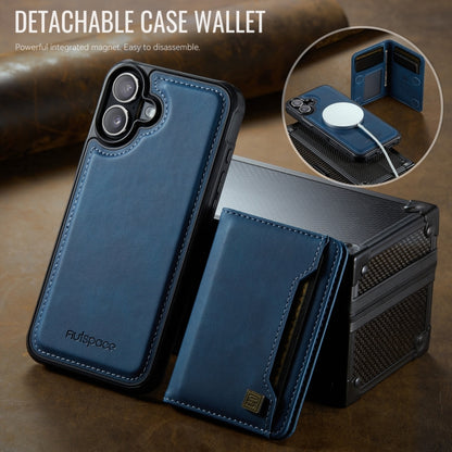 For iPhone 16 AutSpace A13 MagSafe Magnetic RFID Flip Card Bag Phone Case(Blue) by AutSpace