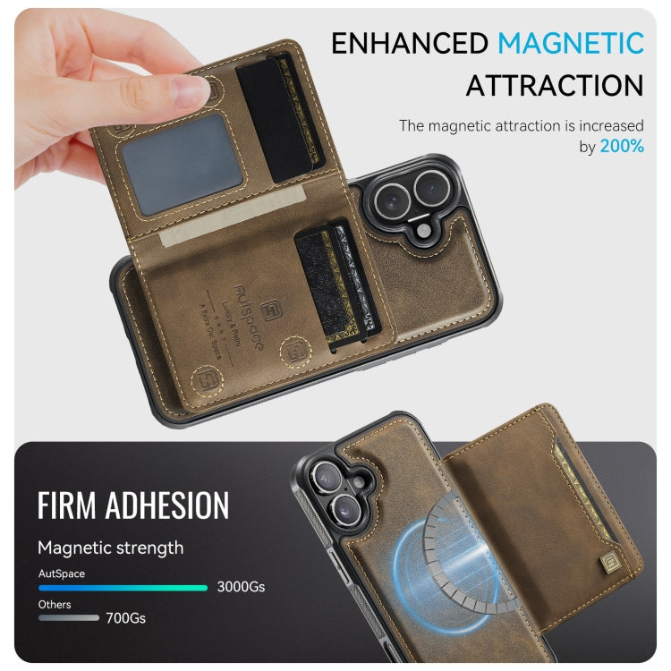 For iPhone 16 AutSpace A13 MagSafe Magnetic RFID Flip Card Bag Phone Case(Coffee) by AutSpace