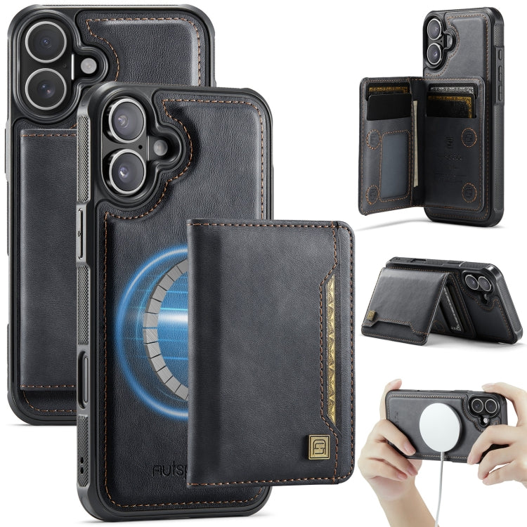 For iPhone 16 AutSpace A13 MagSafe Magnetic RFID Flip Card Bag Phone Case(Black) by AutSpace