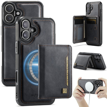 For iPhone 16 AutSpace A13 MagSafe Magnetic RFID Flip Card Bag Phone Case(Black) by AutSpace