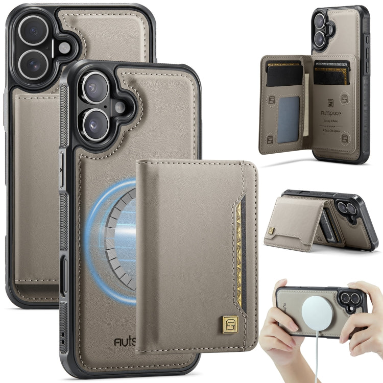 For iPhone 16 AutSpace A13 MagSafe Magnetic RFID Flip Card Bag Phone Case(Grey) by AutSpace