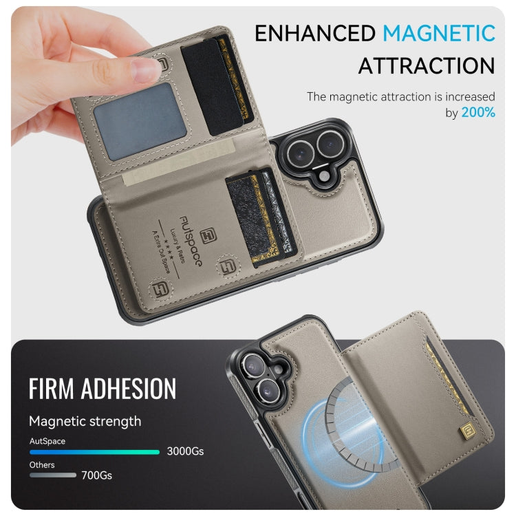 For iPhone 16 AutSpace A13 MagSafe Magnetic RFID Flip Card Bag Phone Case(Grey) by AutSpace