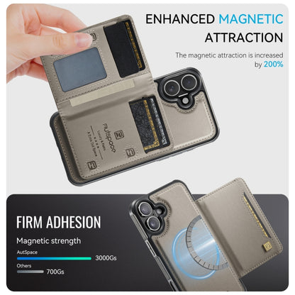 For iPhone 16 AutSpace A13 MagSafe Magnetic RFID Flip Card Bag Phone Case(Grey) by AutSpace