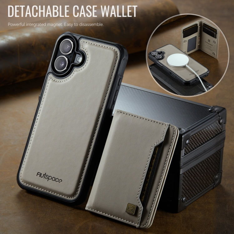 For iPhone 16 AutSpace A13 MagSafe Magnetic RFID Flip Card Bag Phone Case(Grey) by AutSpace