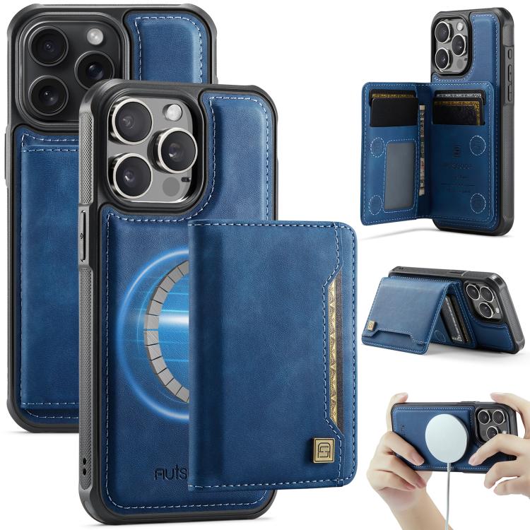For iPhone 15 Pro Max AutSpace A13 MagSafe Magnetic RFID Flip Card Bag Phone Case(Blue) by AutSpace