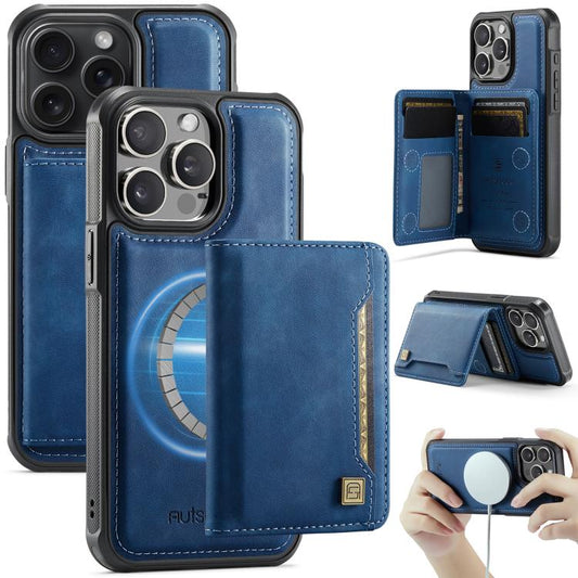 For iPhone 15 Pro Max AutSpace A13 MagSafe Magnetic RFID Flip Card Bag Phone Case(Blue) by AutSpace