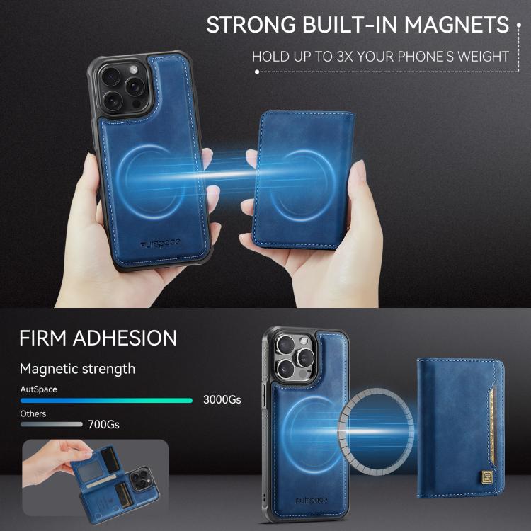 For iPhone 15 Pro Max AutSpace A13 MagSafe Magnetic RFID Flip Card Bag Phone Case(Blue) by AutSpace