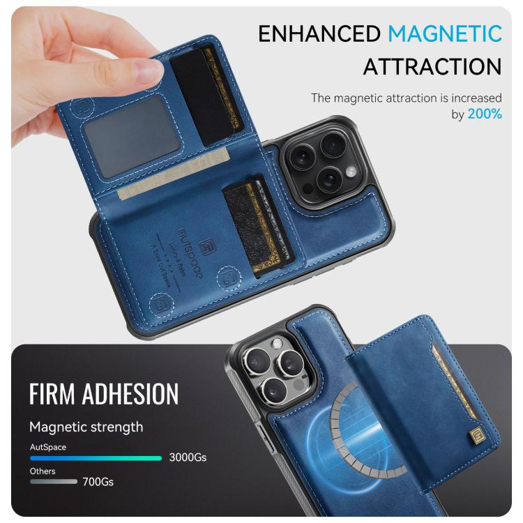 For iPhone 15 Pro Max AutSpace A13 MagSafe Magnetic RFID Flip Card Bag Phone Case(Blue) by AutSpace