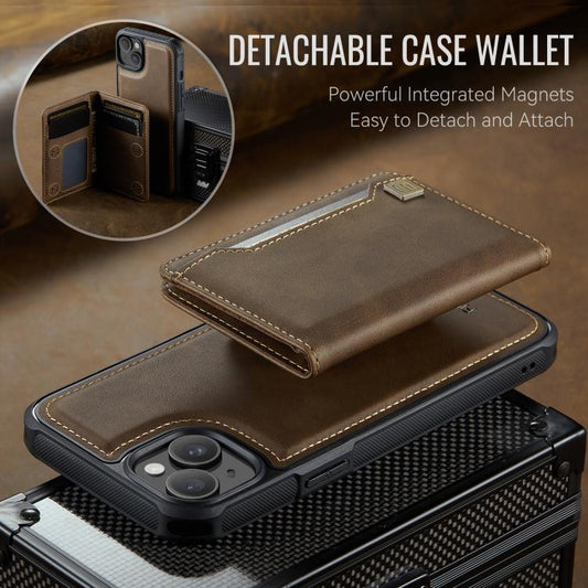 For iPhone 15 Plus AutSpace A13 MagSafe Magnetic RFID Flip Card Bag Phone Case(Coffee) by AutSpace