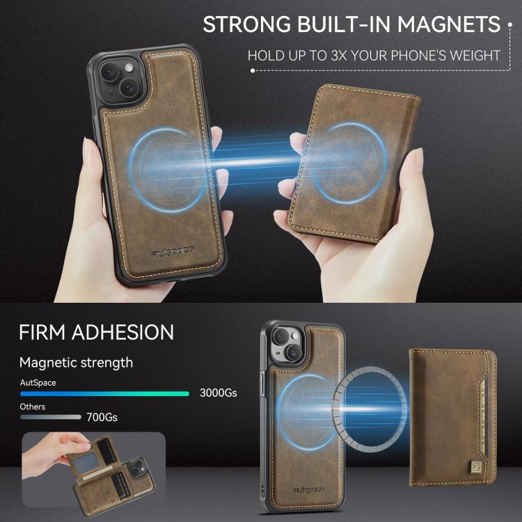 For iPhone 15 Plus AutSpace A13 MagSafe Magnetic RFID Flip Card Bag Phone Case(Coffee) by AutSpace