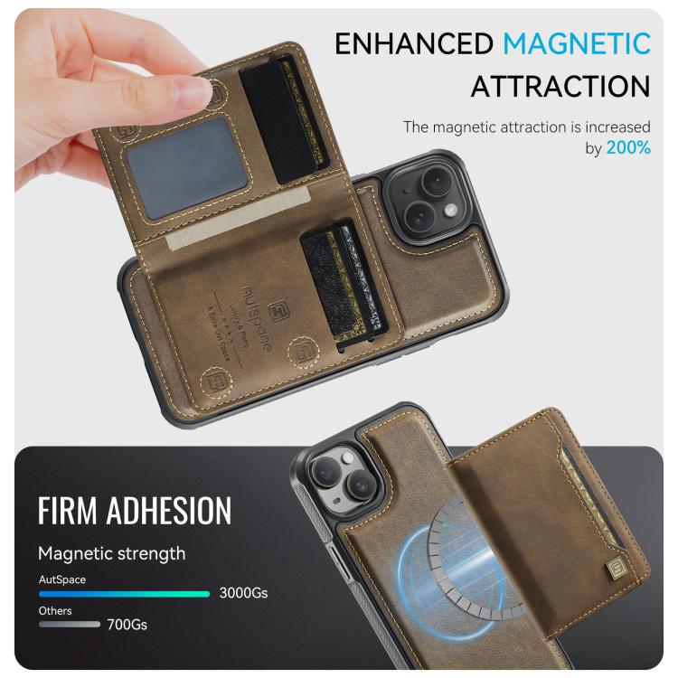 For iPhone 15 Plus AutSpace A13 MagSafe Magnetic RFID Flip Card Bag Phone Case(Coffee) by AutSpace
