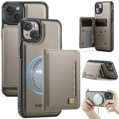 For iPhone 15 AutSpace A13 MagSafe Magnetic RFID Flip Card Bag Phone Case(Grey) by AutSpace