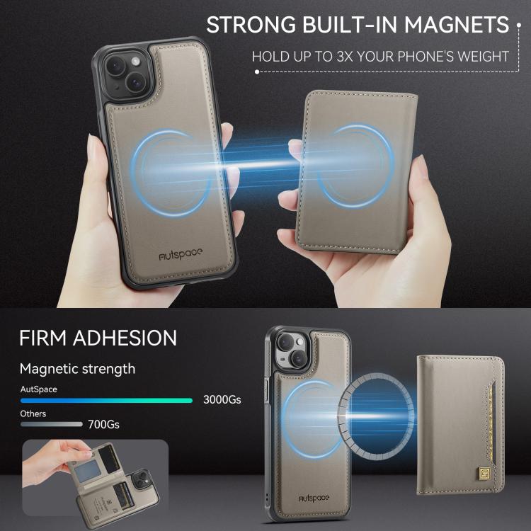 For iPhone 15 AutSpace A13 MagSafe Magnetic RFID Flip Card Bag Phone Case(Grey) by AutSpace