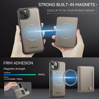 For iPhone 15 AutSpace A13 MagSafe Magnetic RFID Flip Card Bag Phone Case(Grey) by AutSpace