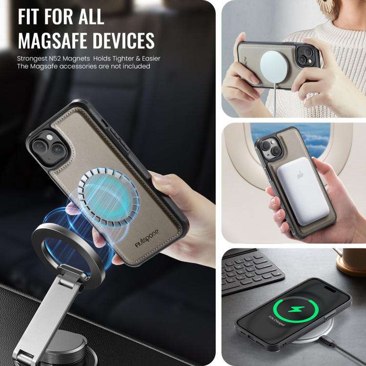 For iPhone 15 AutSpace A13 MagSafe Magnetic RFID Flip Card Bag Phone Case(Grey) by AutSpace