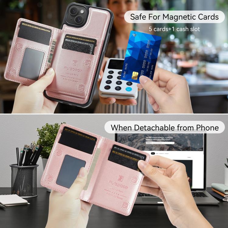 For iPhone 14 Plus AutSpace A13 MagSafe Magnetic RFID Flip Card Bag Phone Case(Rose Gold) by AutSpace
