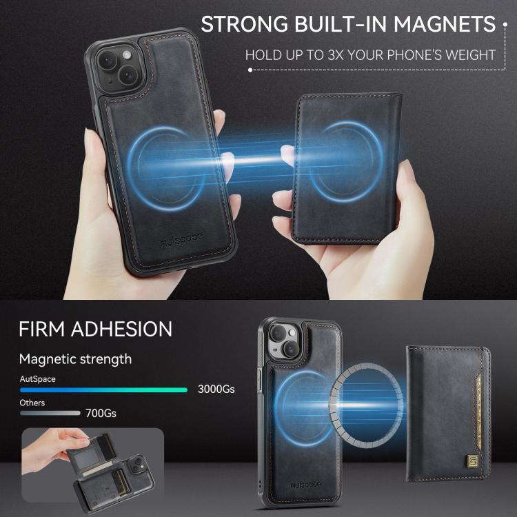 For iPhone 14 AutSpace A13 MagSafe Magnetic RFID Flip Card Bag Phone Case(Black) by AutSpace