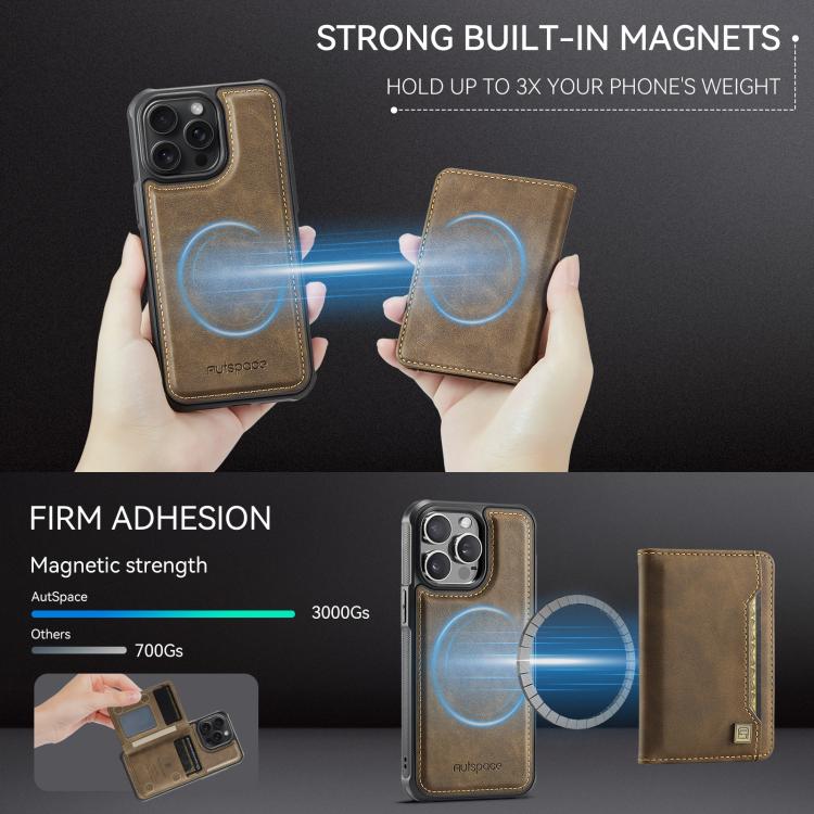 For iPhone 14 Pro AutSpace A13 MagSafe Magnetic RFID Flip Card Bag Phone Case(Coffee) by AutSpace