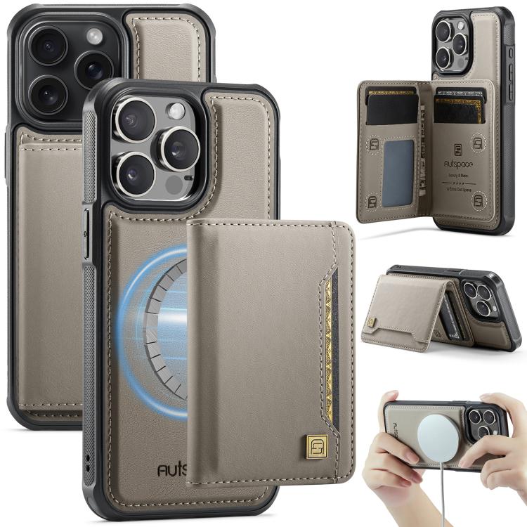 For iPhone 14 Pro Max AutSpace A13 MagSafe Magnetic RFID Flip Card Bag Phone Case(Grey) by AutSpace