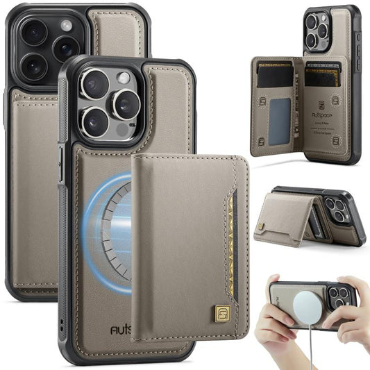 For iPhone 14 Pro Max AutSpace A13 MagSafe Magnetic RFID Flip Card Bag Phone Case(Grey) by AutSpace