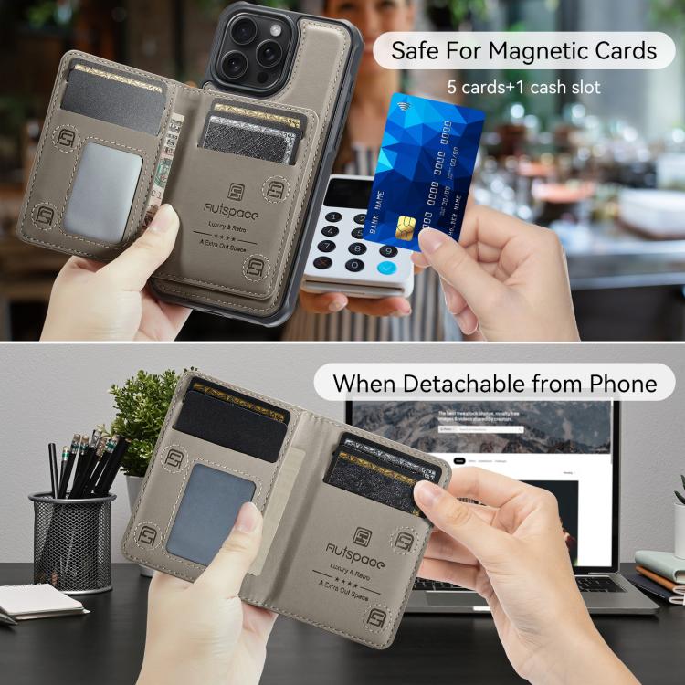For iPhone 14 Pro Max AutSpace A13 MagSafe Magnetic RFID Flip Card Bag Phone Case(Grey) by AutSpace