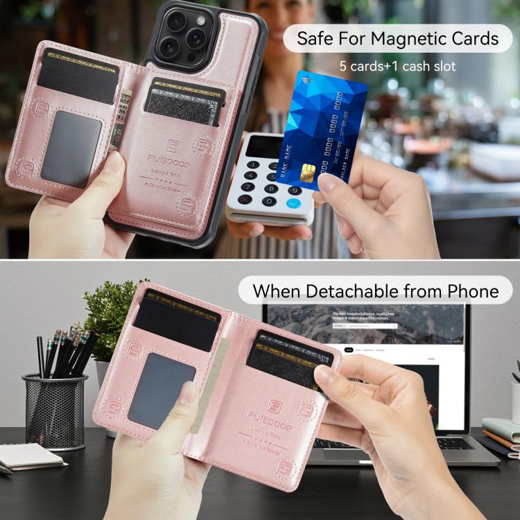 For iPhone 13 Pro AutSpace A13 MagSafe Magnetic RFID Flip Card Bag Phone Case(Rose Gold) by AutSpace