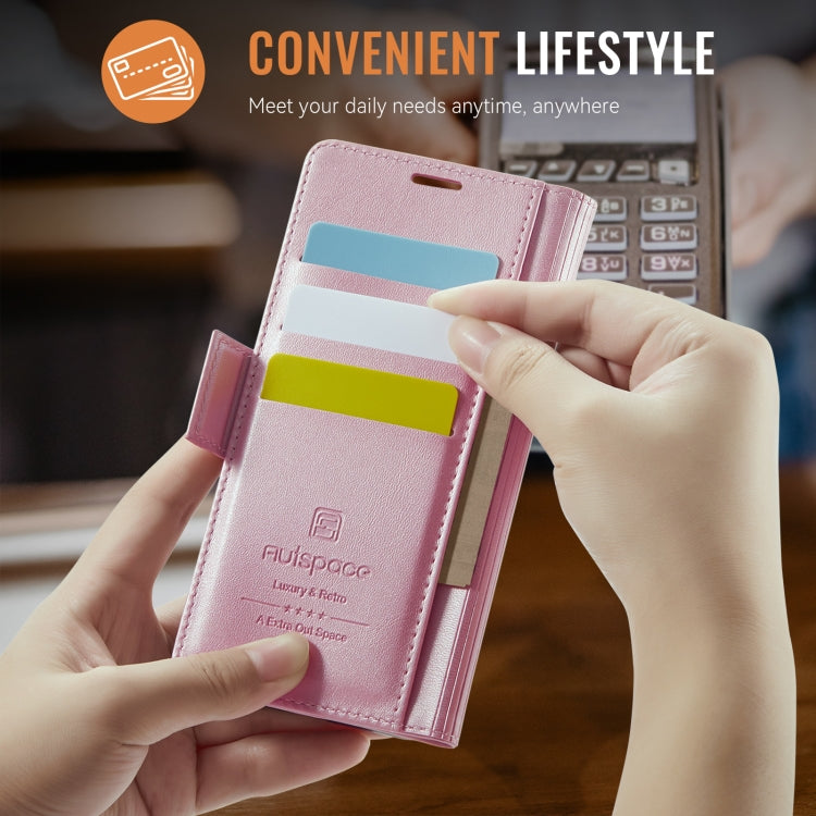 For iPhone 16 Pro AutSpace A11 Side Buckle MagSafe Magnetic RFID Phone Leather Case(Rose Gold) by AutSpace