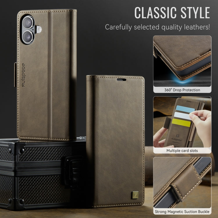 For iPhone 16 Plus AutSpace A11 Side Buckle MagSafe Magnetic RFID Phone Leather Case(Coffee) by AutSpace