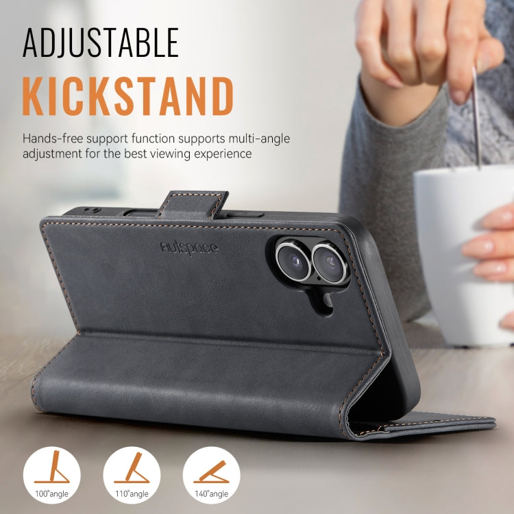 For iPhone 16 AutSpace A11 Side Buckle MagSafe Magnetic RFID Phone Leather Case(Black) by AutSpace