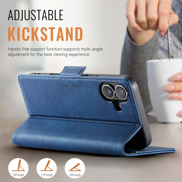 For iPhone 16 AutSpace A11 Side Buckle MagSafe Magnetic RFID Phone Leather Case(Blue) by AutSpace