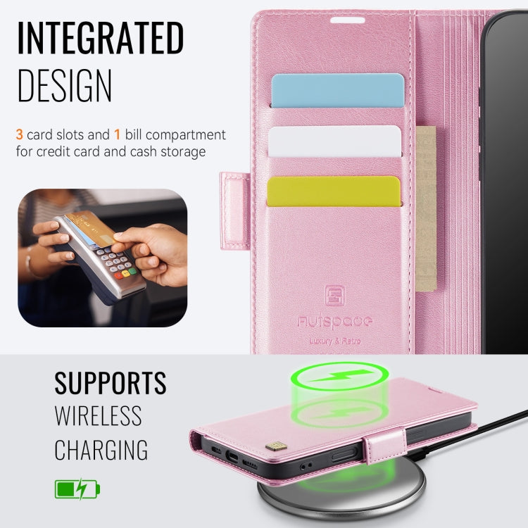 For iPhone 16 AutSpace A11 Side Buckle MagSafe Magnetic RFID Phone Leather Case(Rose Gold) by AutSpace