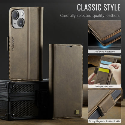 For iPhone 15 Plus AutSpace A11 Side Buckle MagSafe Magnetic RFID Phone Leather Case(Coffee) by AutSpace