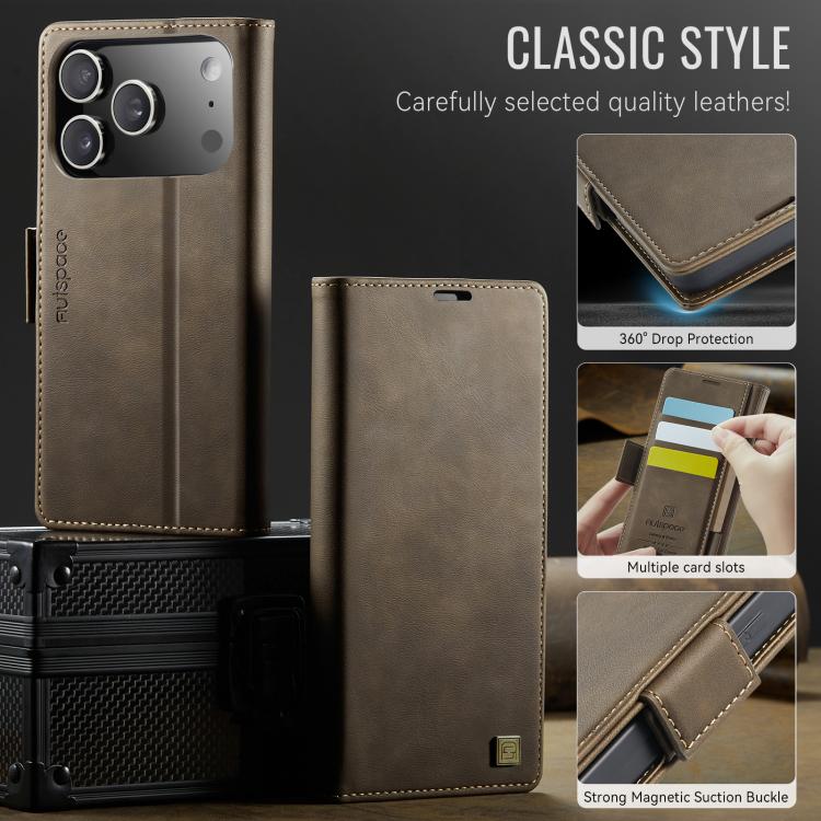 For iPhone 17 Pro AutSpace A11 Side Buckle MagSafe Magnetic RFID Phone Leather Case(Coffee) by AutSpace