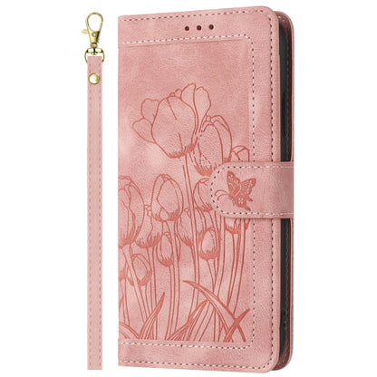 For iPhone 16e Tulips Embossed Leather Phone Case with Lanyard(Pink) by bashfashion