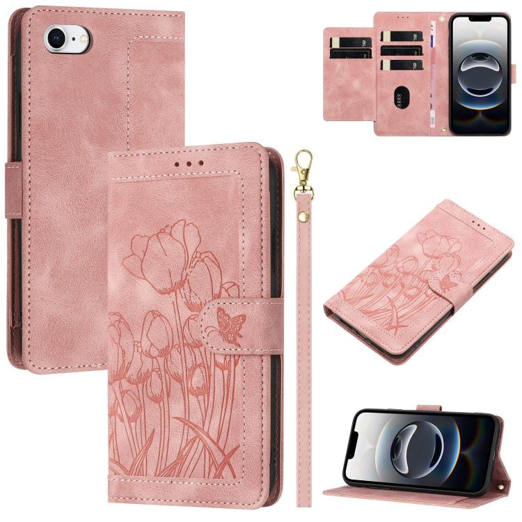 For iPhone 16e Tulips Embossed Leather Phone Case with Lanyard(Pink) by bashfashion